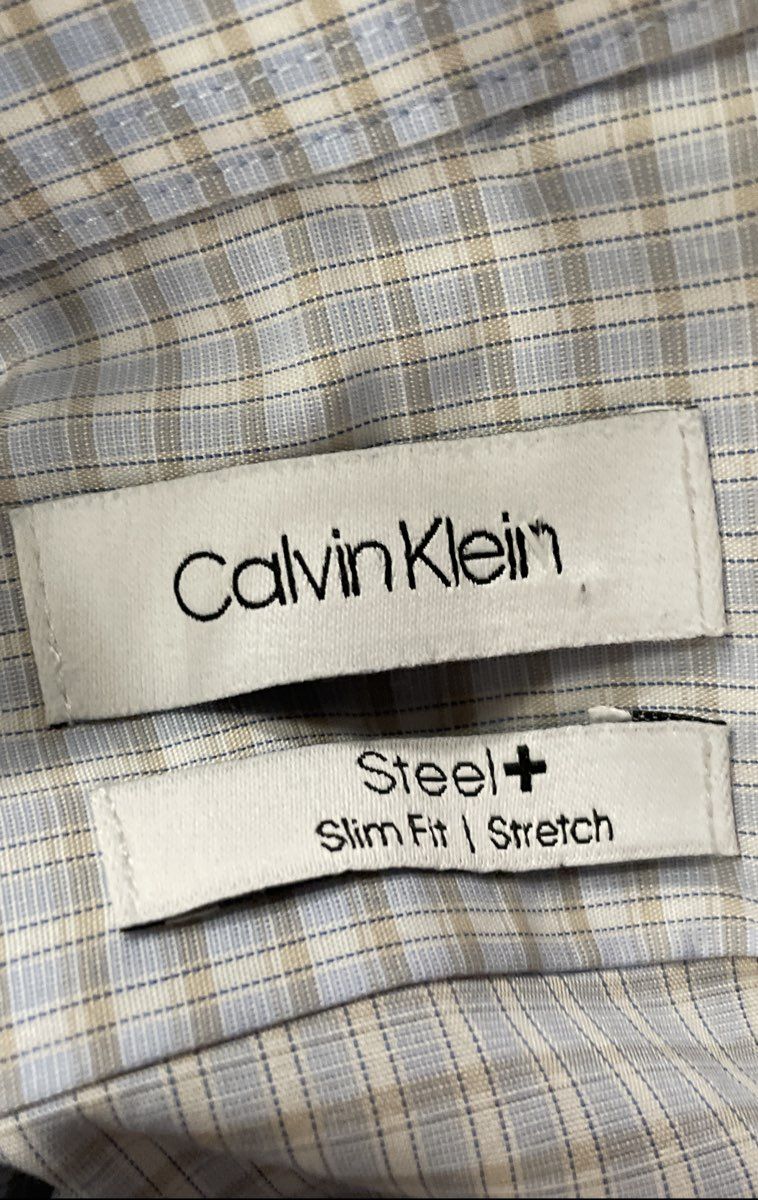 Calvin Klein Men's Light Blue Steel+ Slim Fit Stretch Check Dress Shirt 18 34/35
