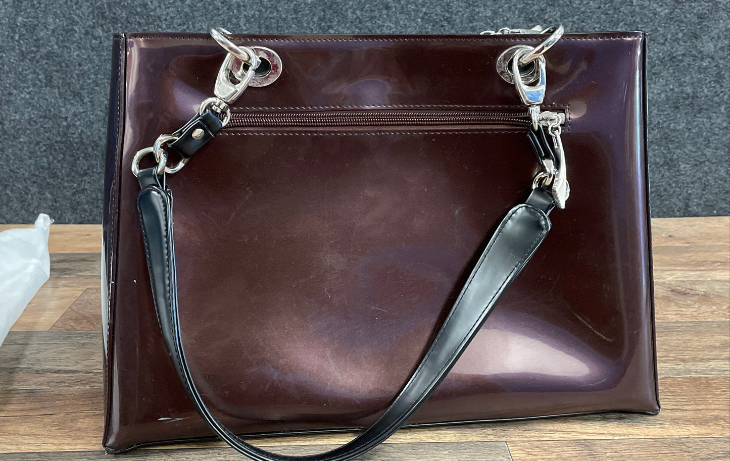 Vintage Beijo Burgundy Plum Metallic Patent Satchel Bag with Dust Cover