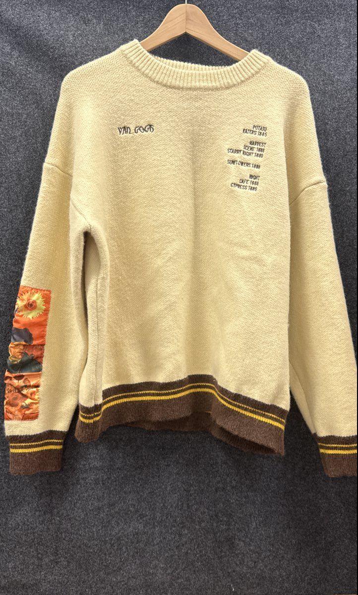 Aelfric Eden Mens Van Gogh Sunflowers Knit Sweater Cream Embroidered Patch Sz XL