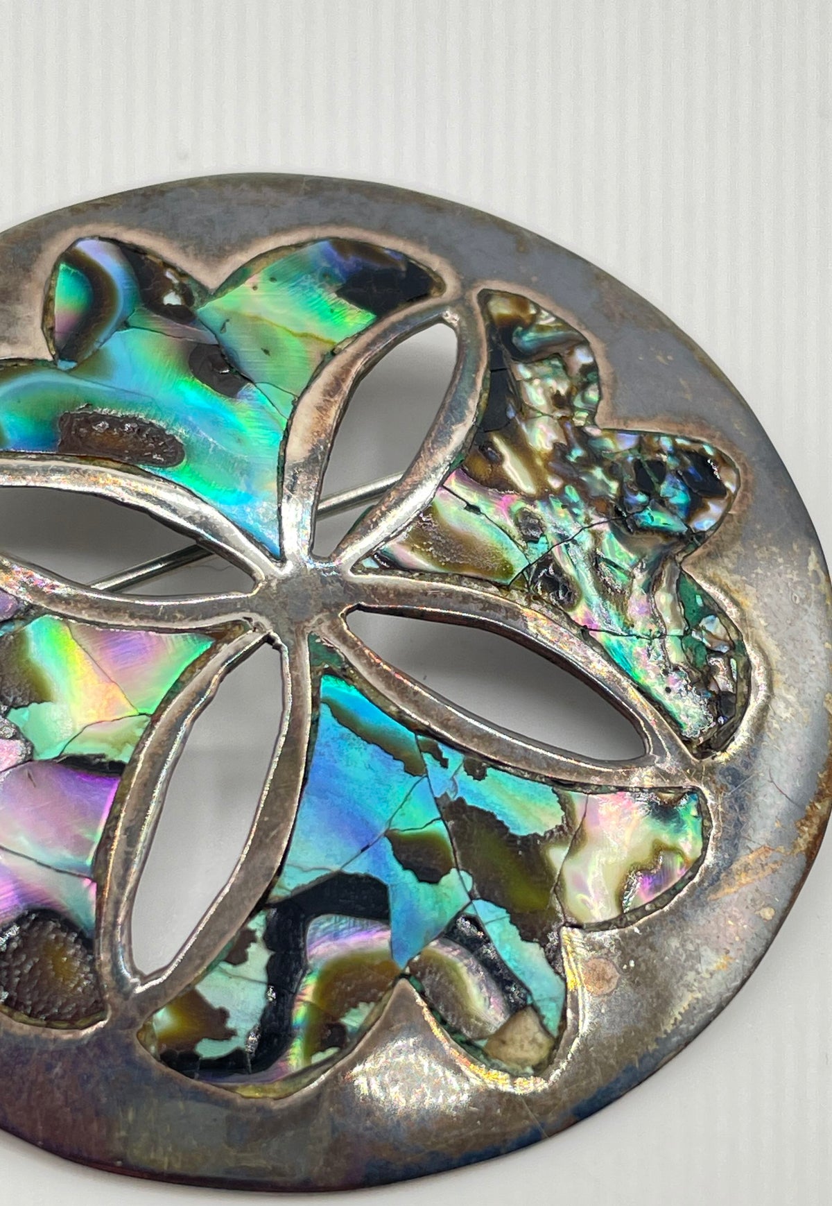 925 Sterling Silver Abalone Taxco Mexico Pendant Brooch W/ Mixed Metal Back 7.5g