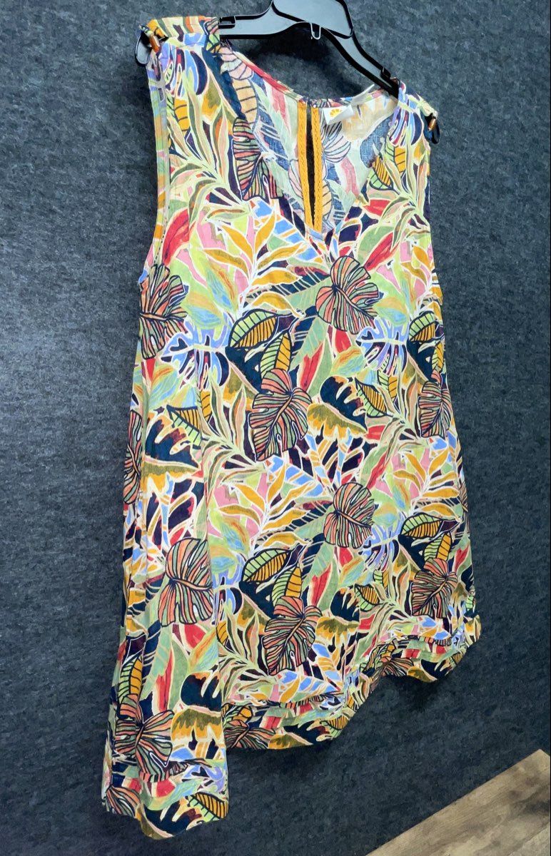 Sol Angeles Women's Tropical Palm Leaf Print Sleeveless V-Neck Shift Dress Sz 4
