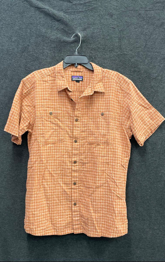 Patagonia Men's Back Step Shirt Orange Plaid Hemp Cotton Short Sleeve L