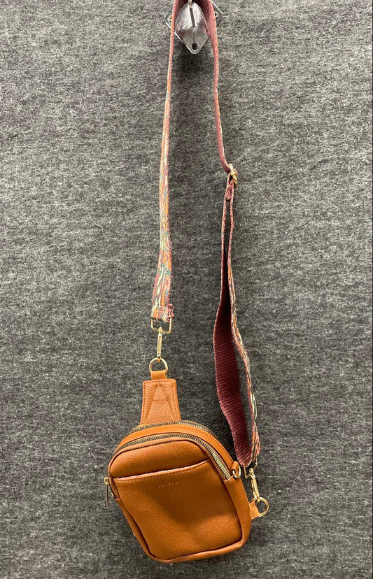 Kedzie Brown Pebbled Vegan Leather Sling Bag Multi Floral Web Crossbody