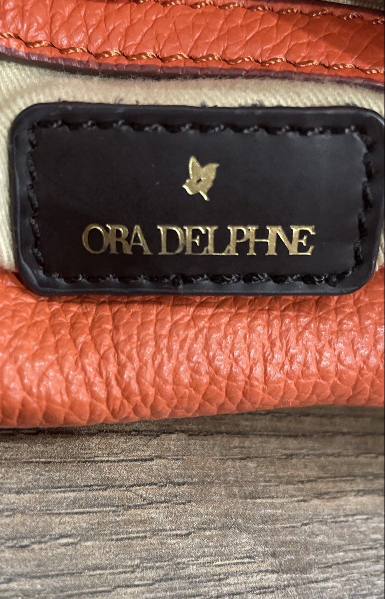 Ora Delphine Orange Pebbled Leather Satchel Handbag Gold Studs