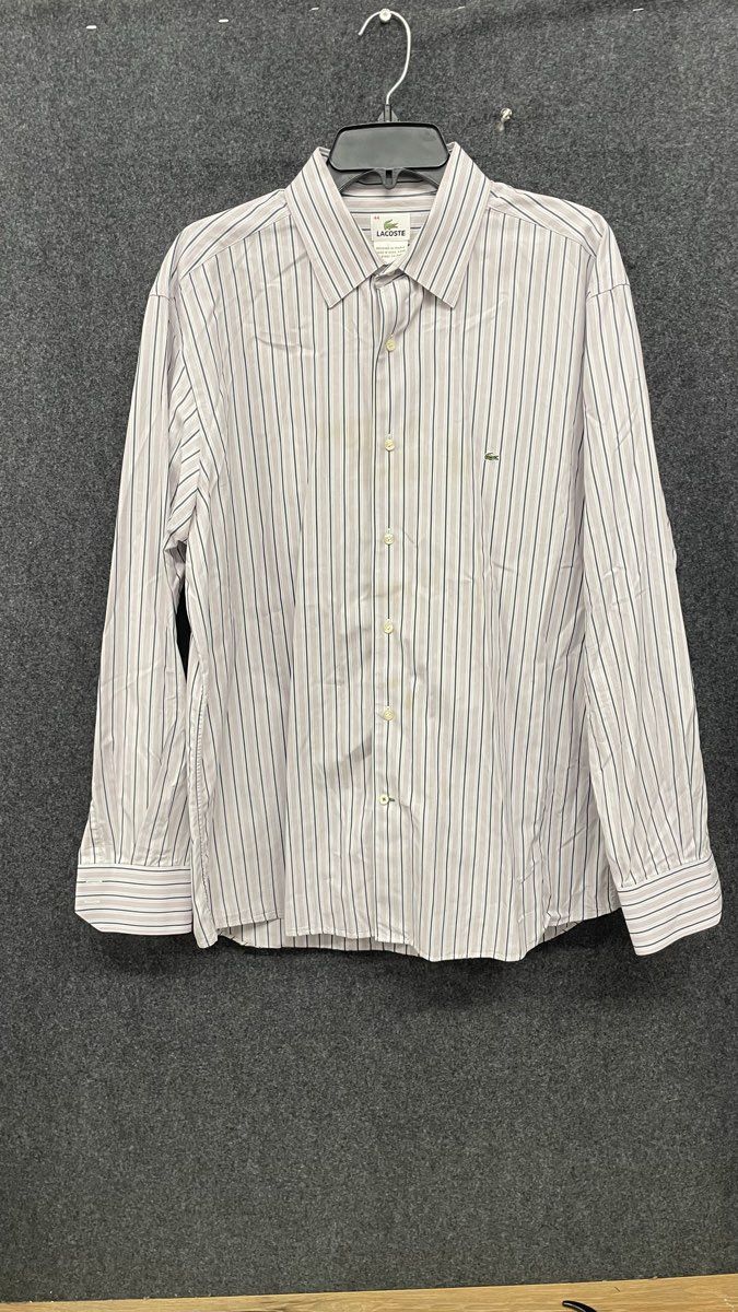 Lacoste Men's Pin Striped Cotton Button Up Long Sleeve Shirt Purple Navy Sz 44 L