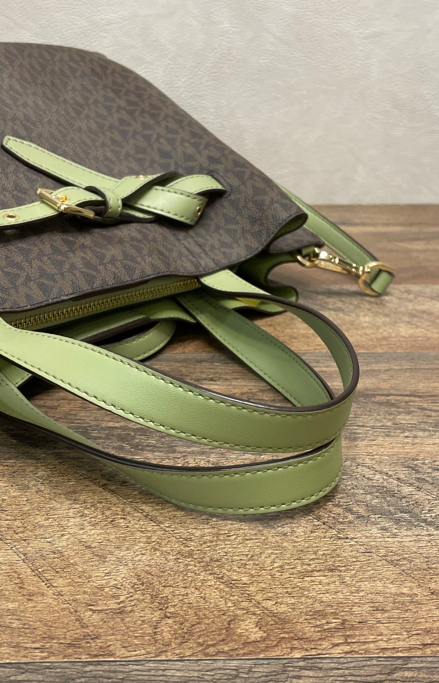 Michael Kors Brown Green Signature Canvas Emory Satchel Handbag Crossbody