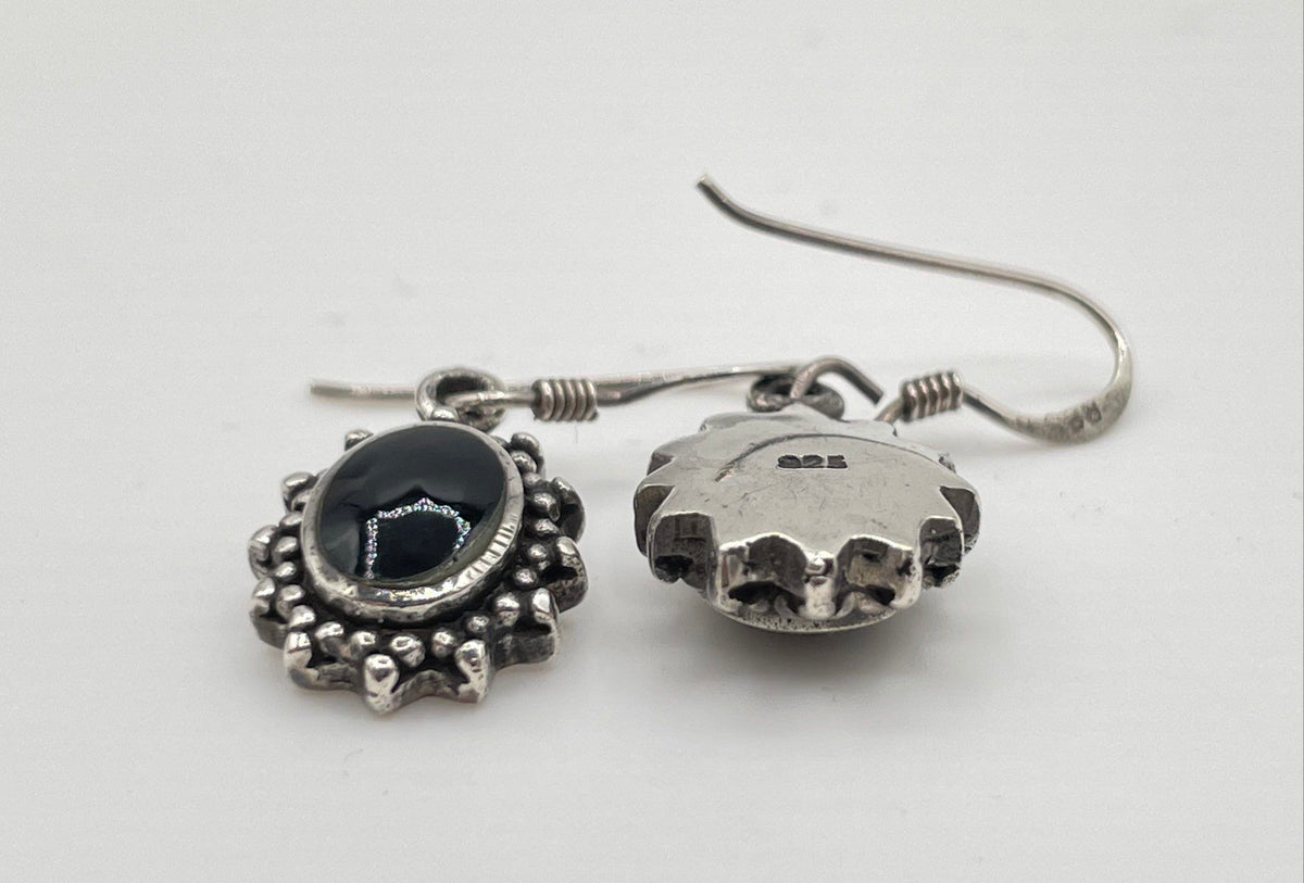 925 Sterling Silver Oval Black Onyx Inlay Granulated Dangle Earrings 6g