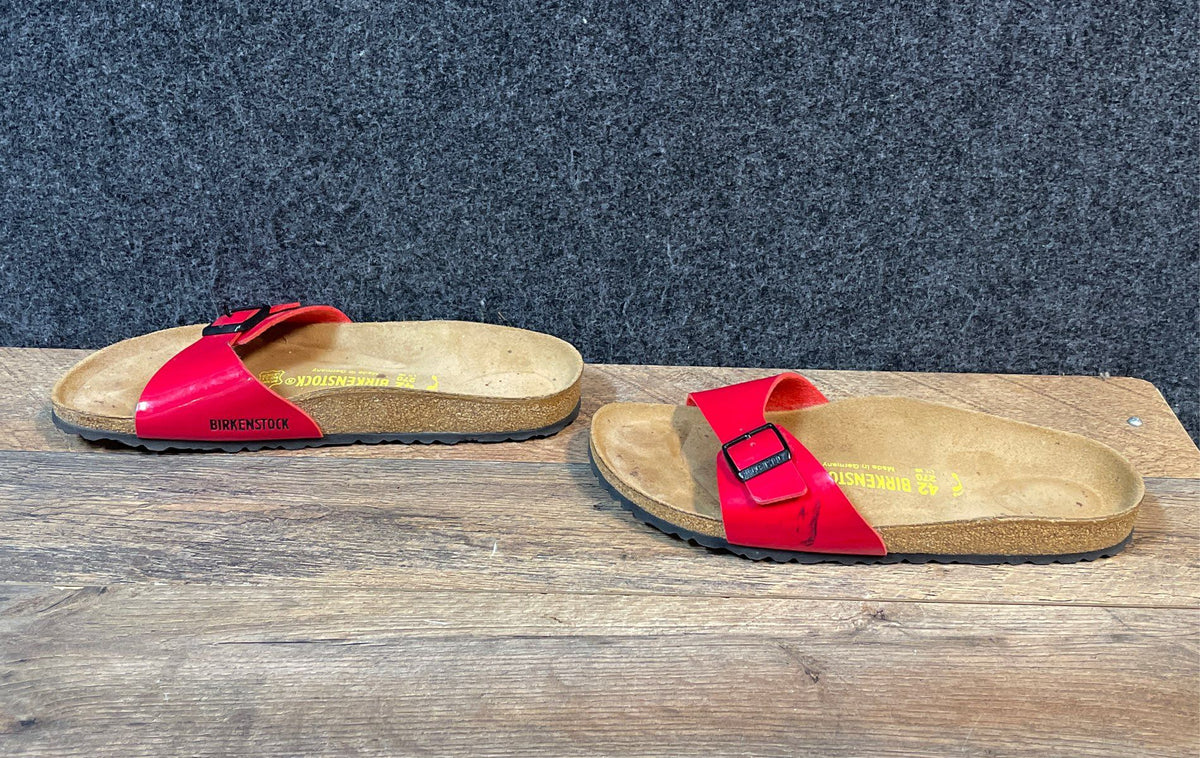 Birkenstock Madrid Red Glossy Patent Single Strap Slide Sandals Size 42