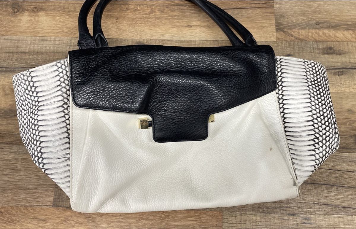 Vince Camuto Grey White Black Leather Snakeskin Embossed Tote Bag Gold Hardware