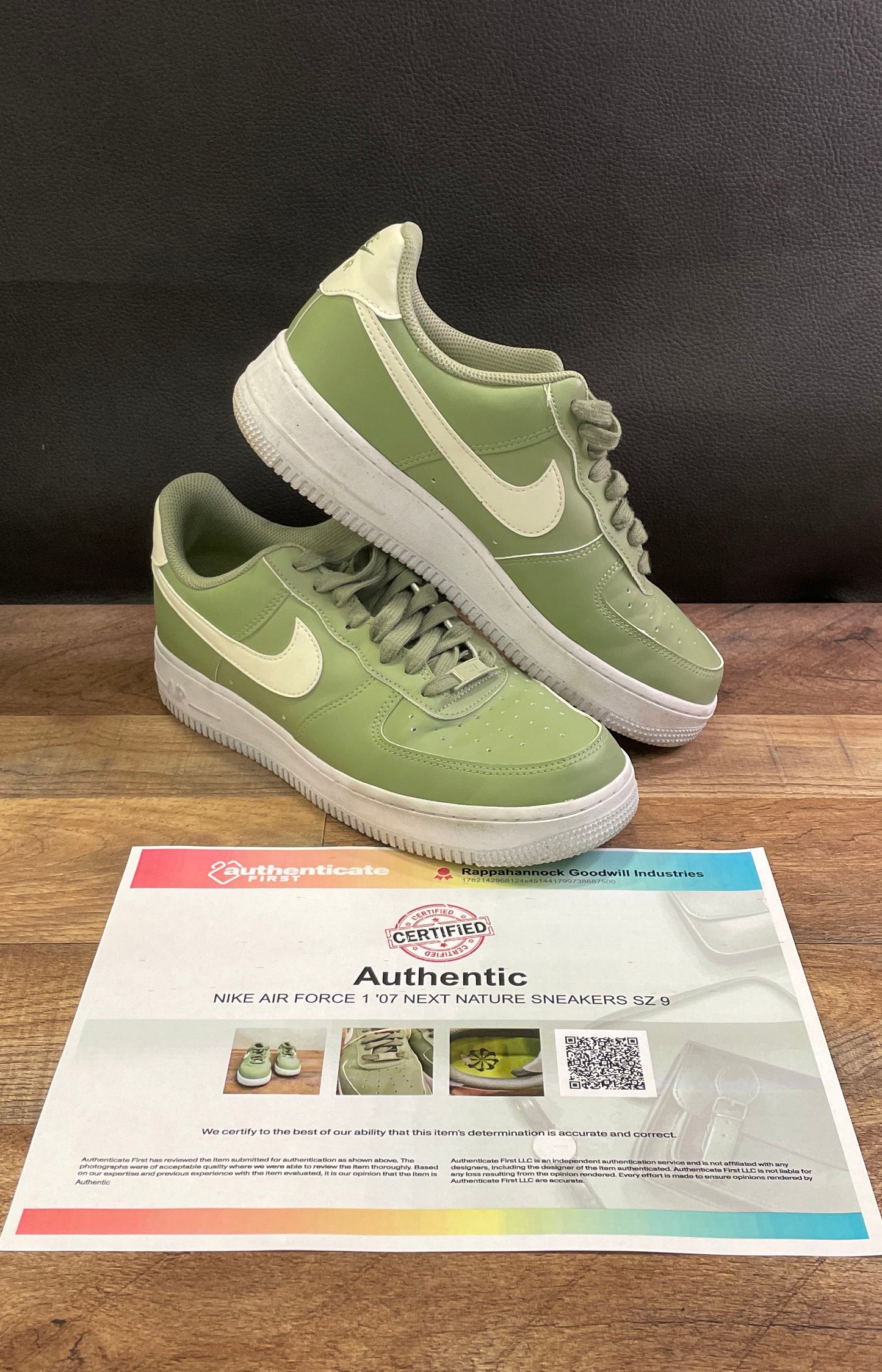 Nike Air Force 1 '07 Next Nature Oil Green White Women's Size 9 COA