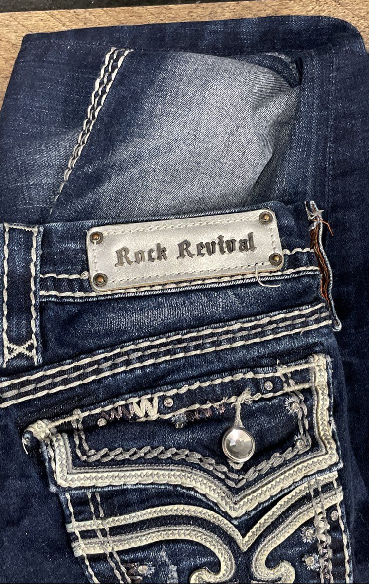 Rock Revival Women's Kai Easy Skinny Jeans Dark Wash Distressed Thick Stitch 28