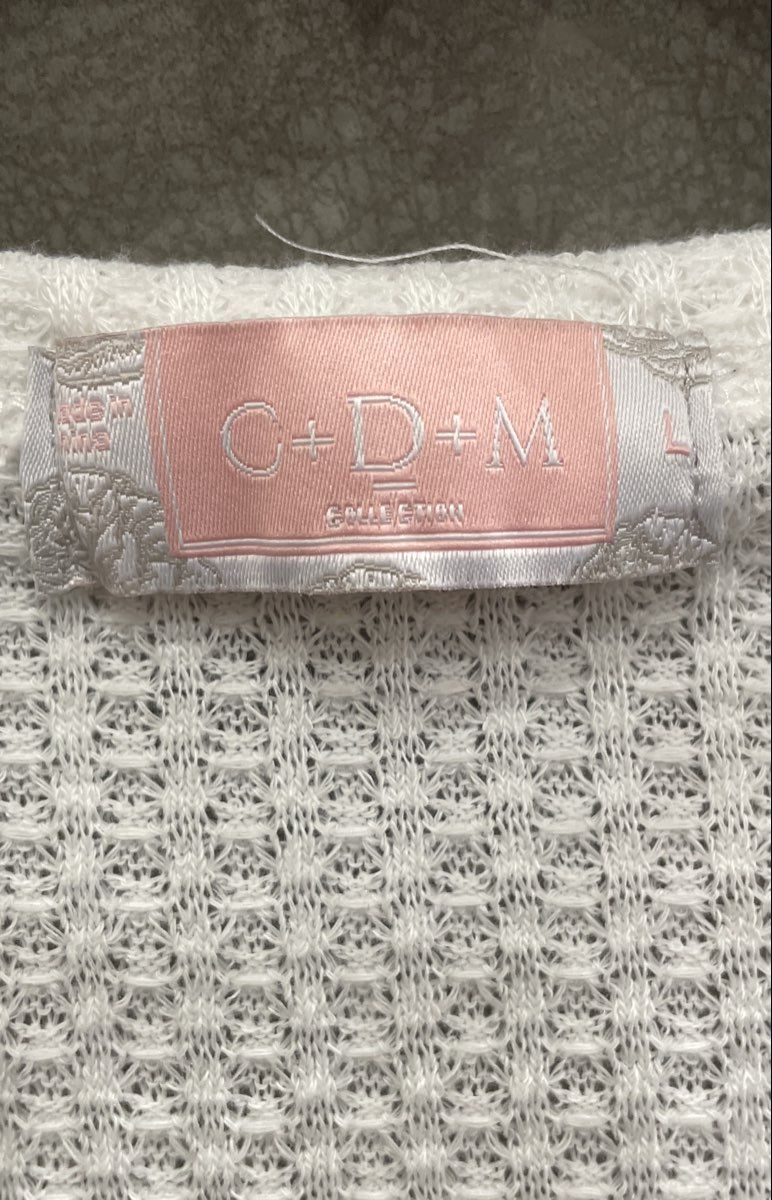 C+D+M Women's White Waffle Knit Camo Stripe Tie Front Button Up Sweater Sz L