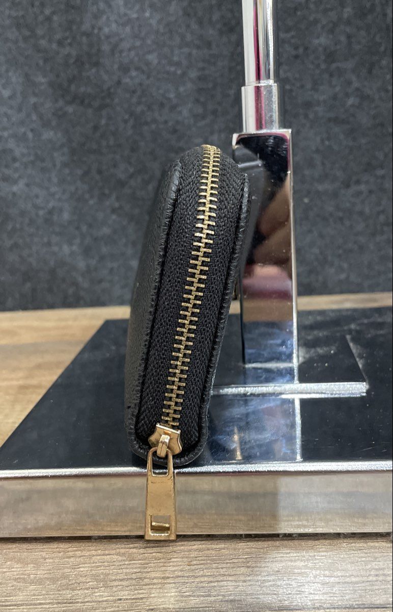 Black Pebbled Leather Zip Around Wallet Gold Lock Charm Clutch Purse 10x13"