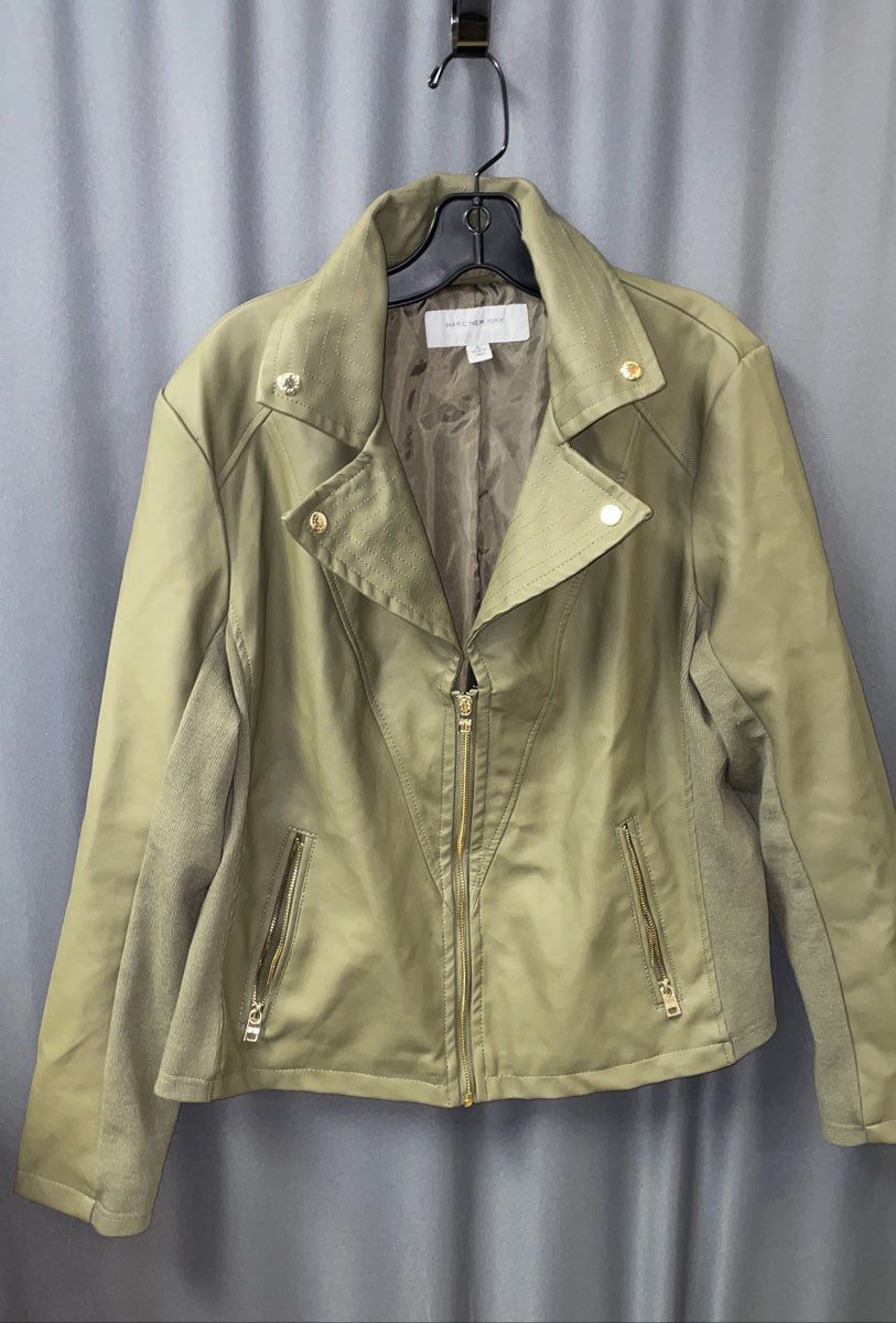Marc New York Women's Olive Green Faux Leather Ribbed Moto Jacket Sz XL