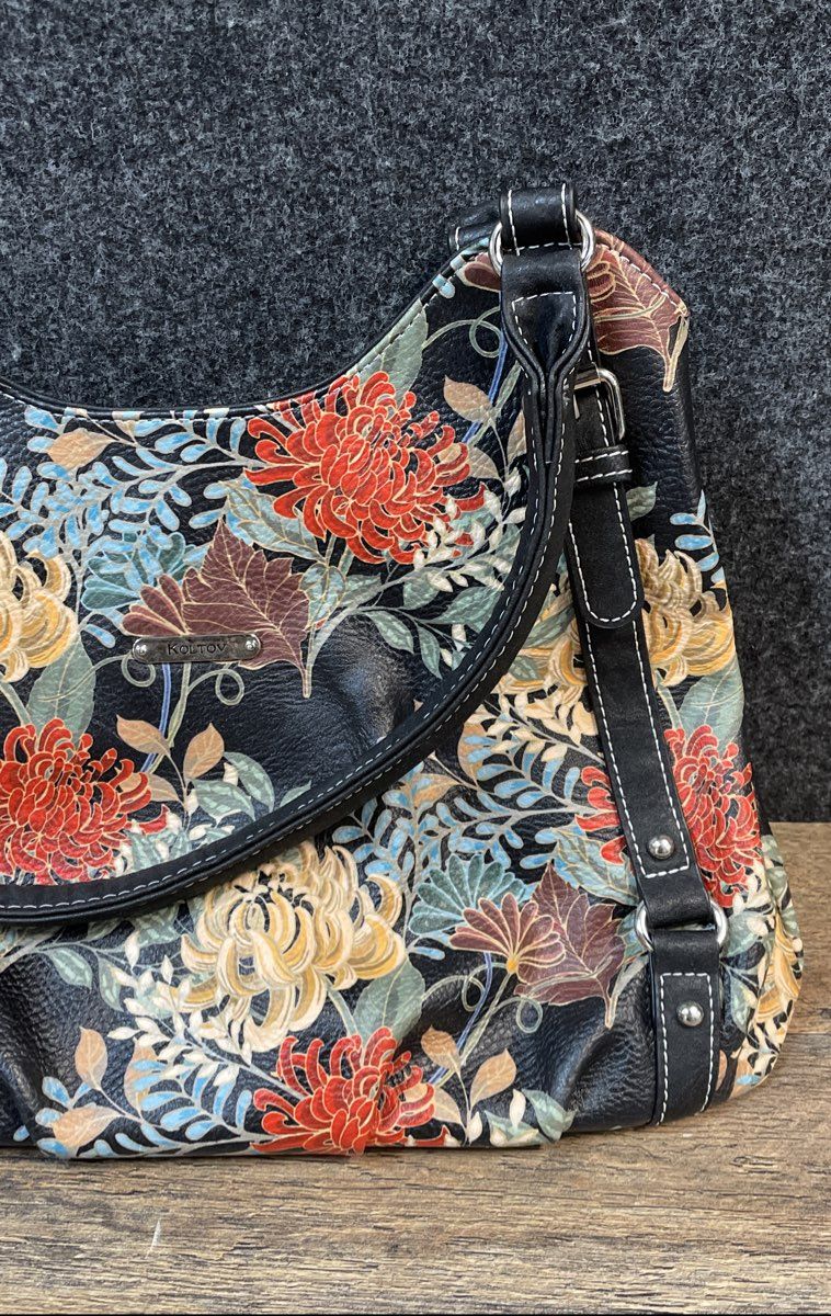 Koltov Multicolor Floral Mums Black Faux Leather Hobo Shoulder Bag Handbag