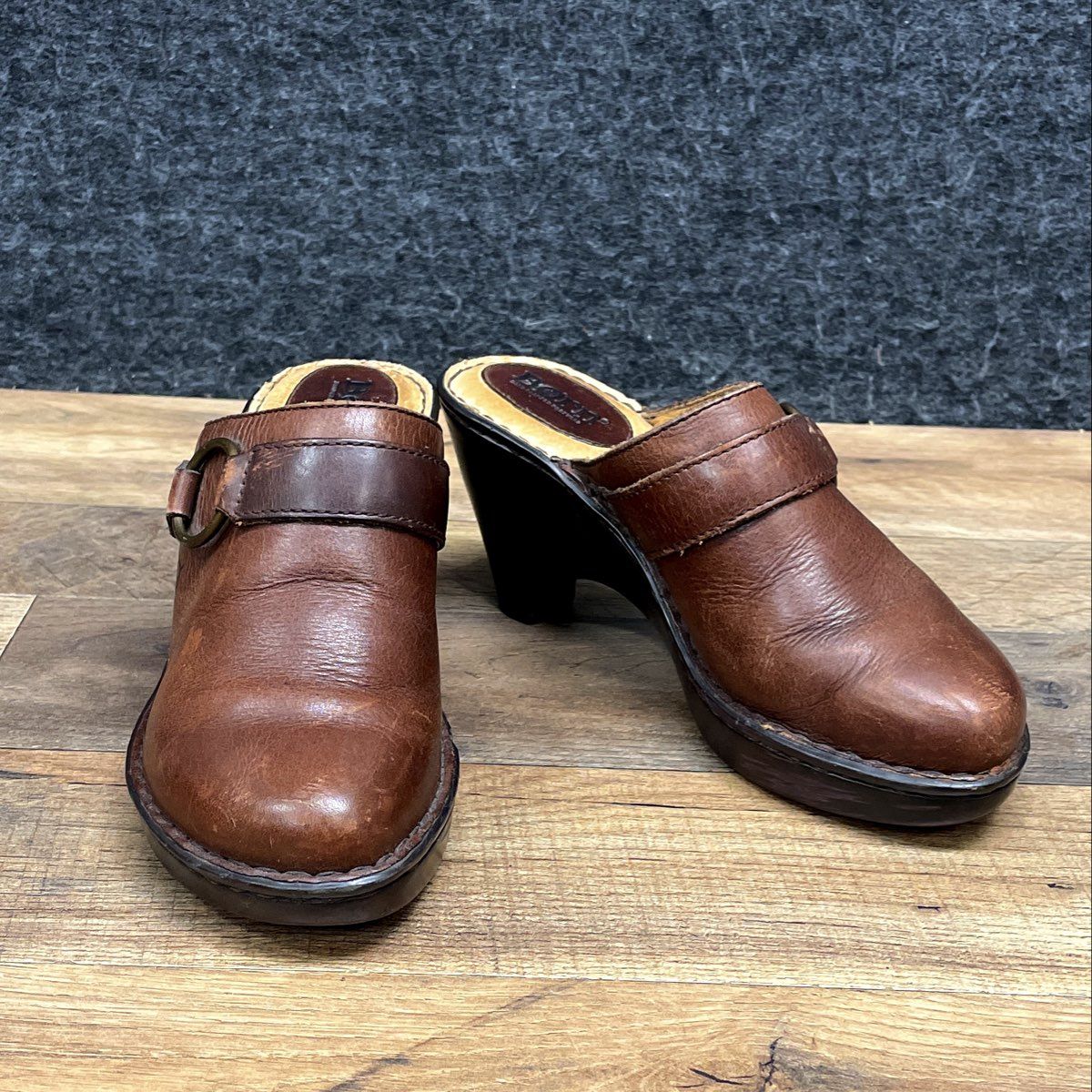 Born Brown Leather Buckle Strap Heeled Clogs Mules Women's Size 8.5