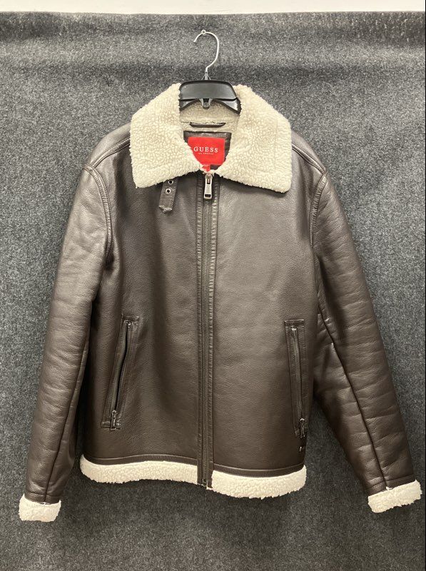 Guess Men's Faux Leather Sherpa Aviator Jacket Brown Fleece Collar Size S