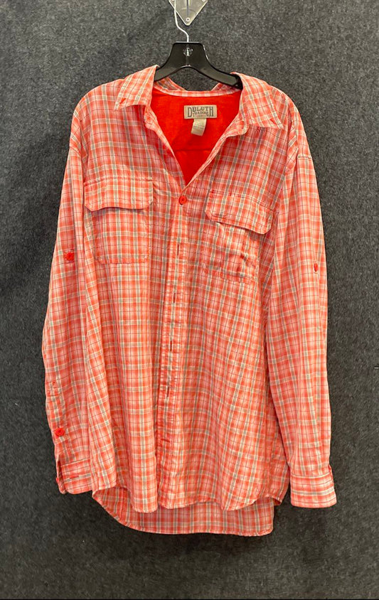Duluth Men's Red Orange Plaid Performance Fishing Work Shirt Roll Tab Sz L/Tall