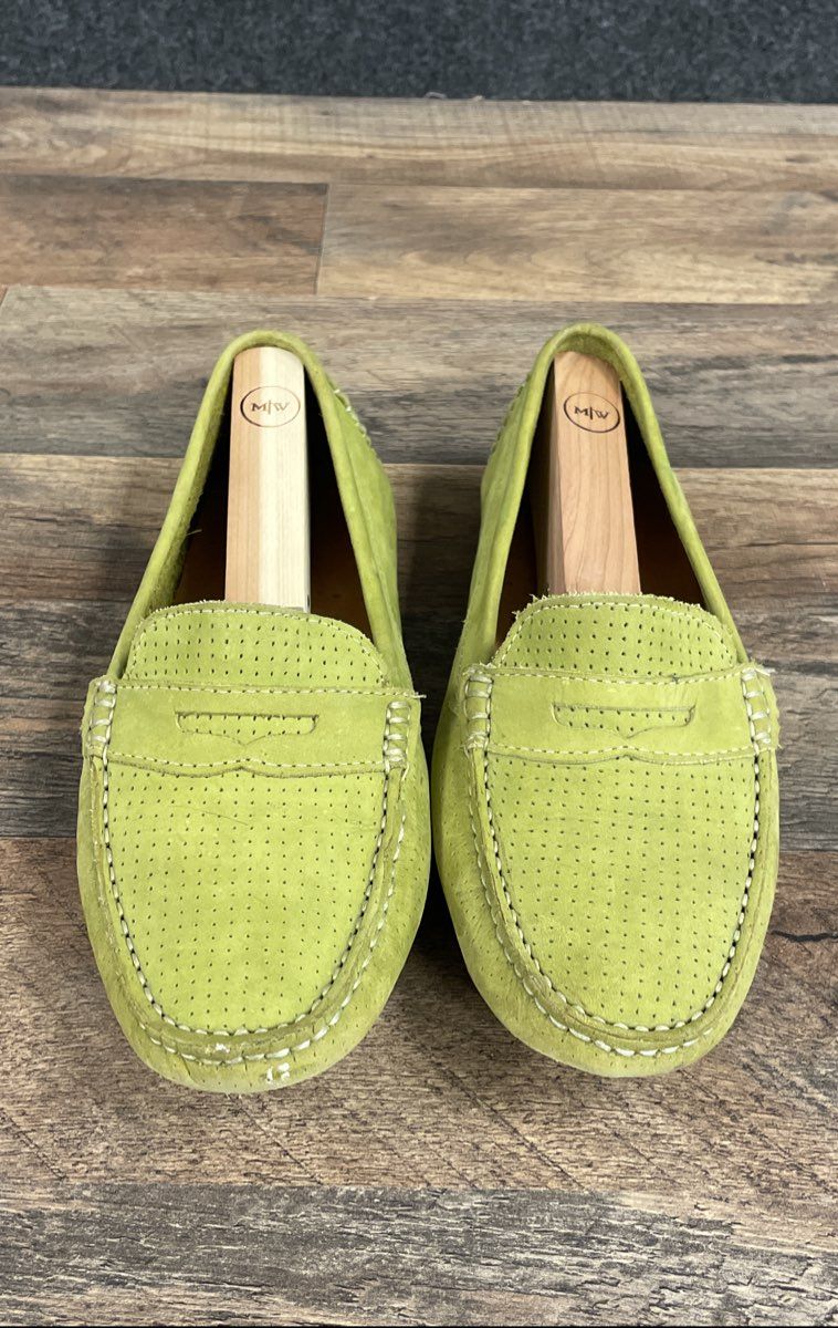 Mercanti Fiorentini Lime Green Perforated Suede Penny Driver Loafers Size 9 B