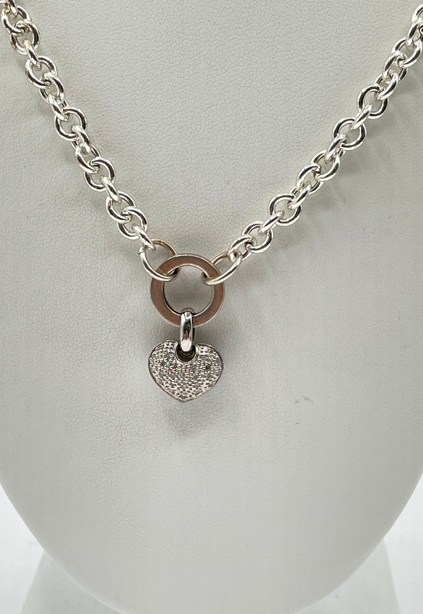 925 Sterling Silver Pavé Diamond Accent Filigree Heart Pendant Necklace 19.8g