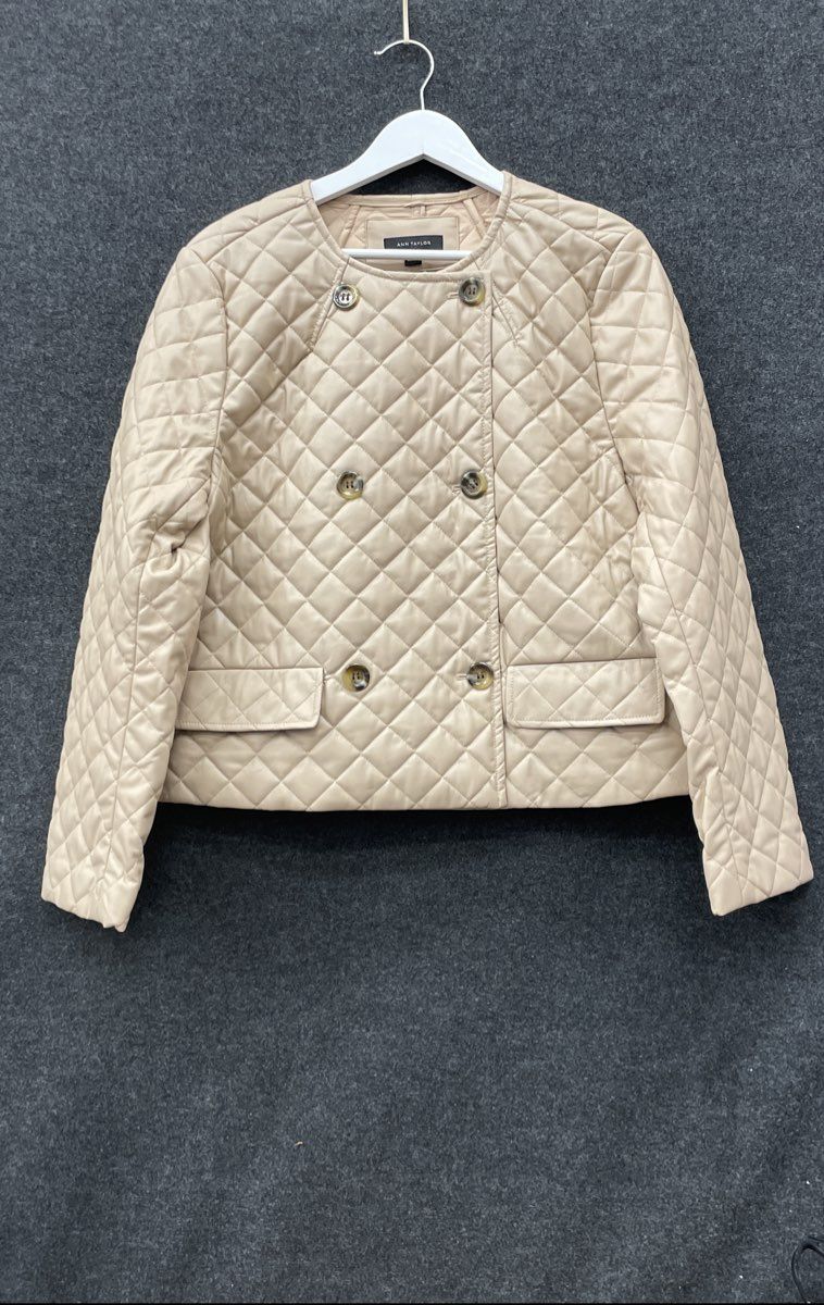Ann Taylor Women's Beige Quilted Faux Leather Double-Breasted Jacket Sz L NWT