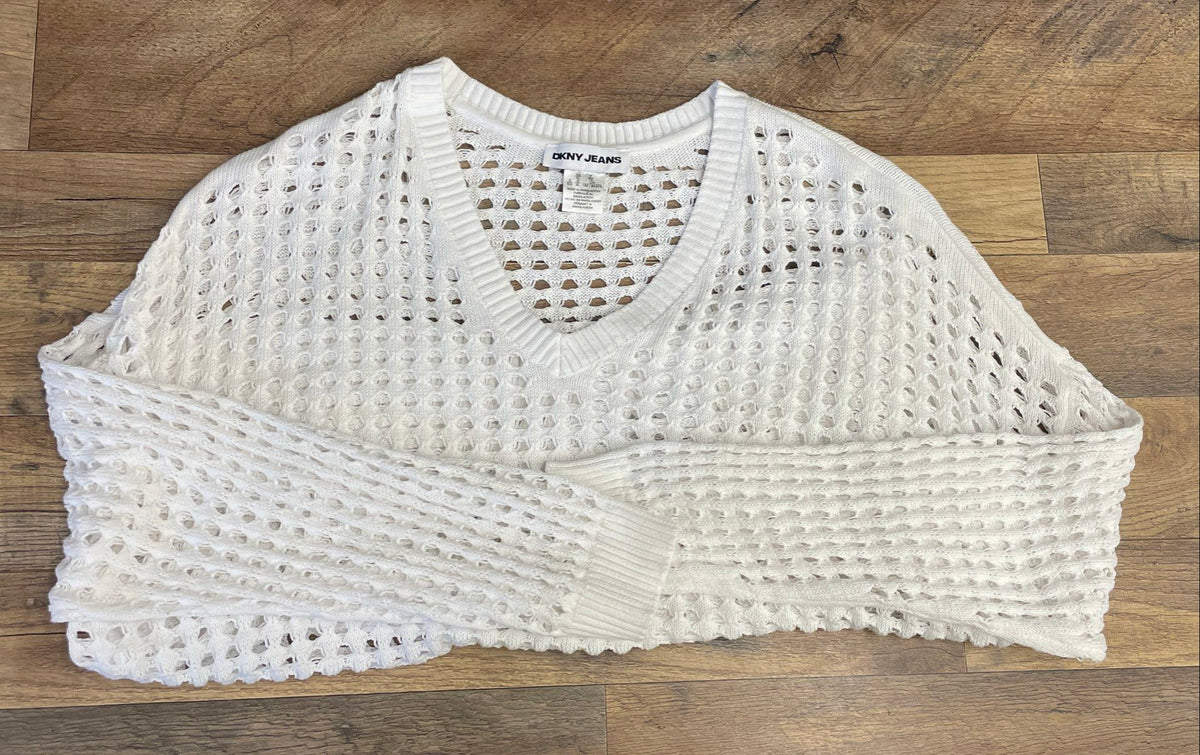 DKNY Jeans Women's White Open Knit V-Neck Cotton Sweater Size XL
