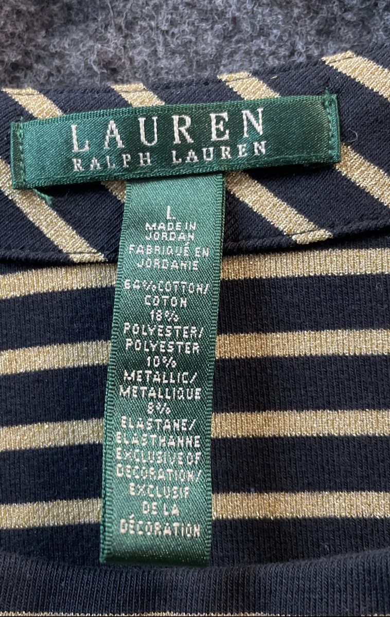 Lauren Ralph Lauren Women's Black Gold Metallic Striped Boat Neck Top Sz L