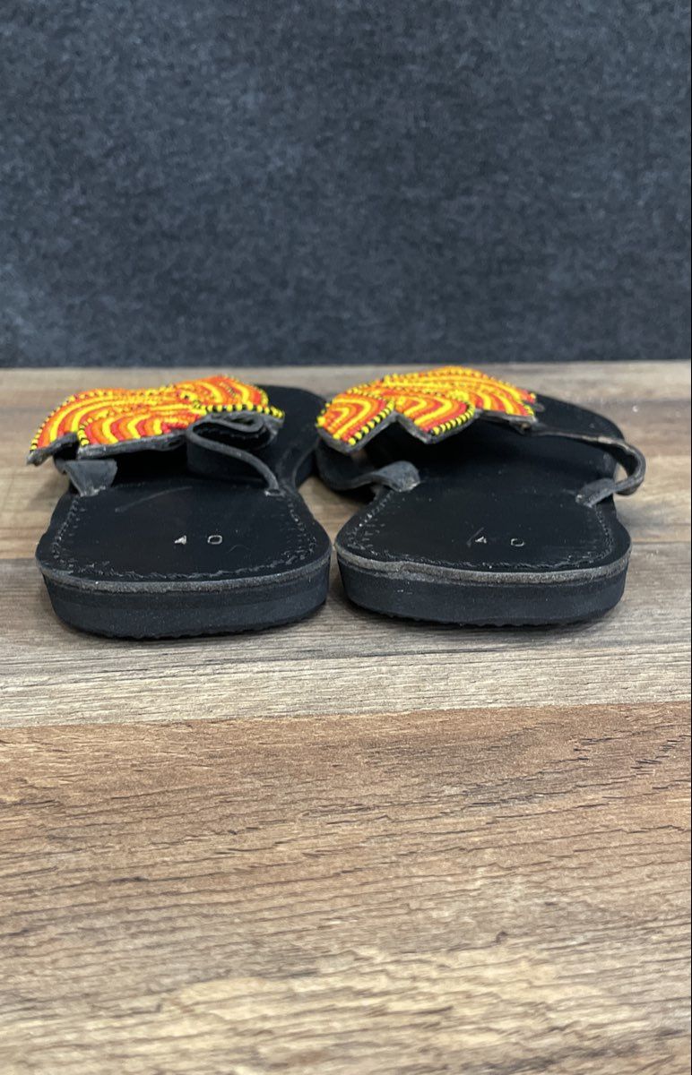 Handmade Beaded Leather Thong Sandals Black Yellow Red Orange Size 40