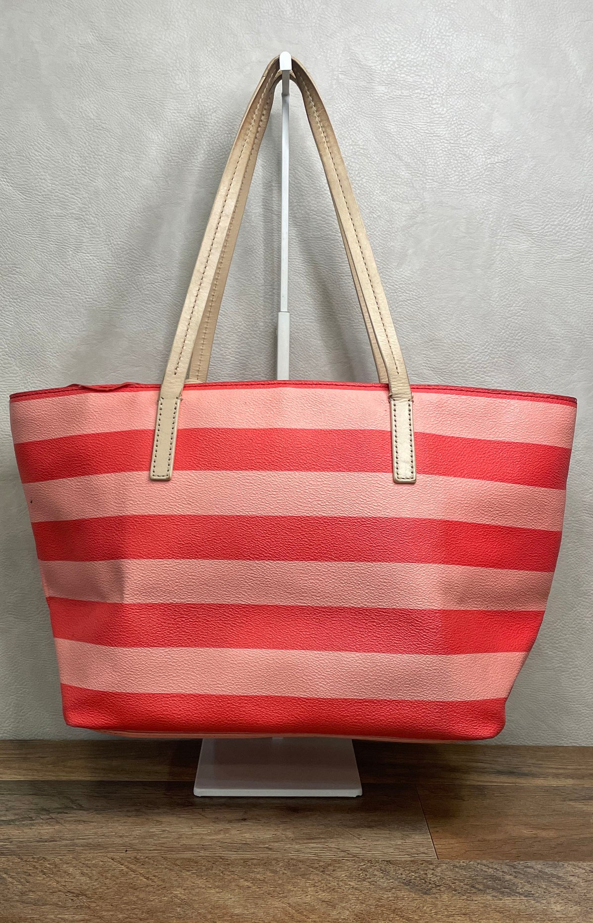 Kate Spade Red Pink Striped Pebbled Leather Tote Handbag Medium Shoulder Bag