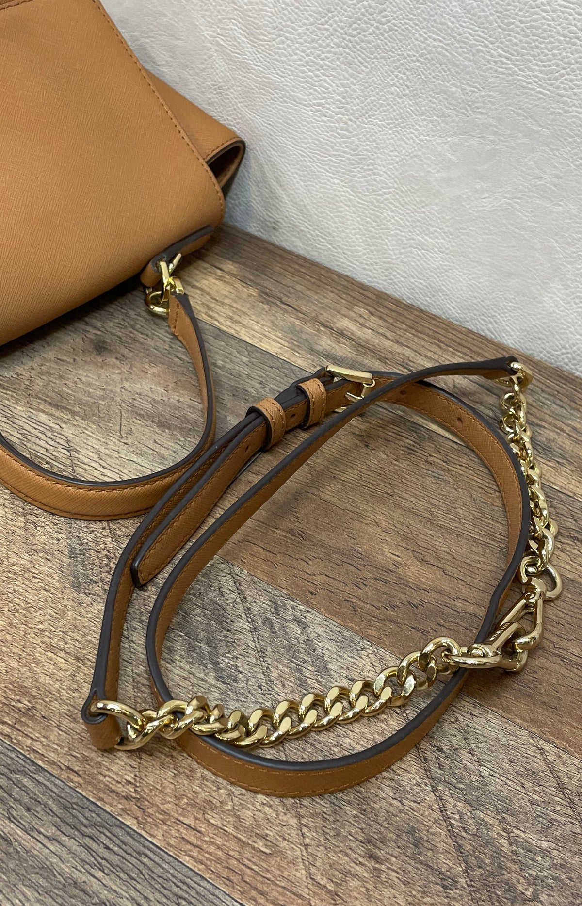 Michael Kors Tan Saffiano Leather Satchel Crossbody Bag Gold Hardware