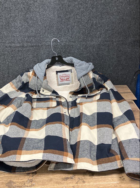 Levi's Men's Plaid Sherpa Lined Hooded Flannel Jacket Blue Tan Sz XL