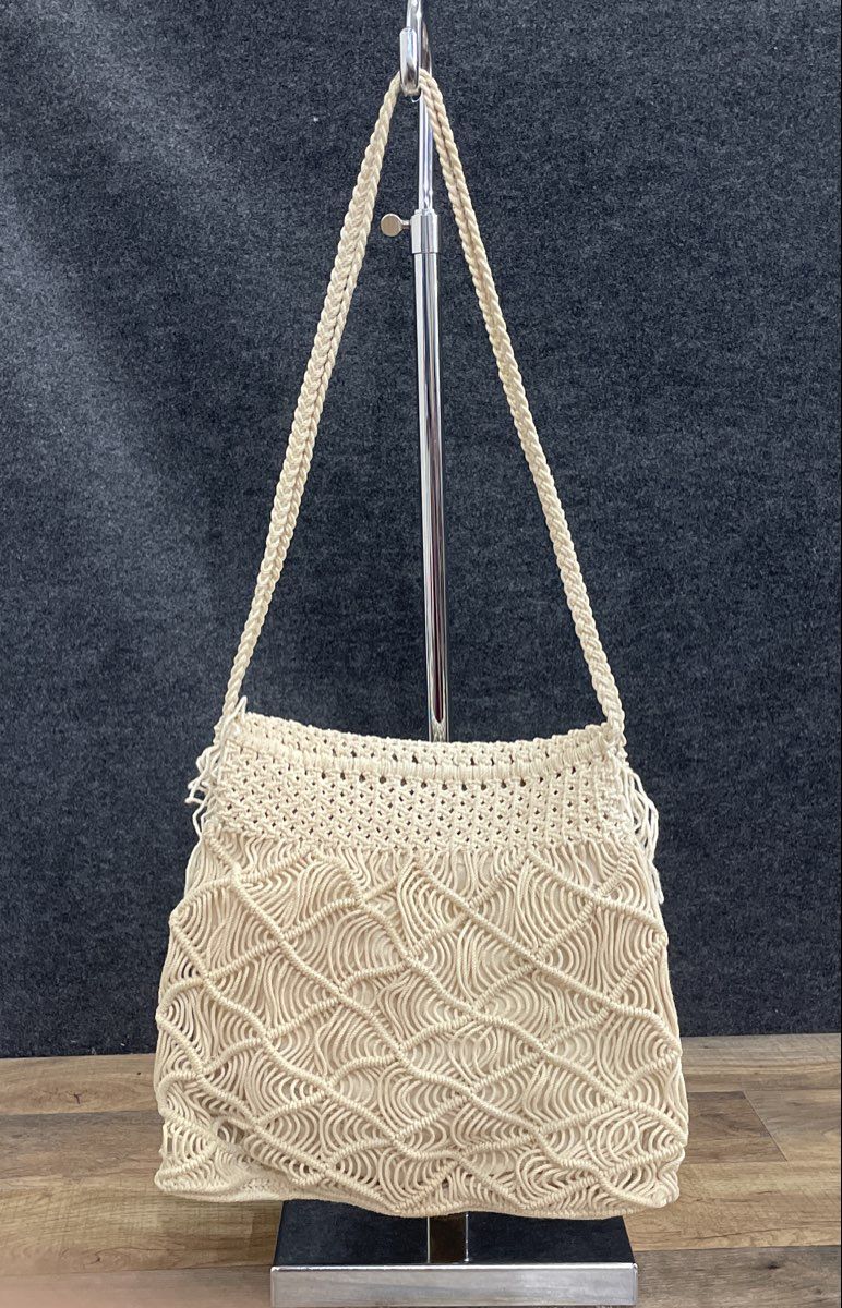 Cream White Macrame Woven Fringe Boho Shoulder Bag Crossbody Purse