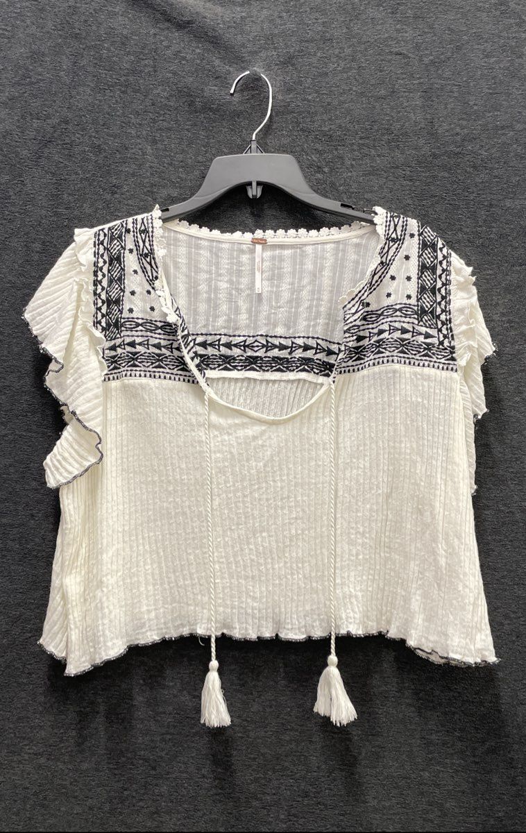 Free People Women's White Embroidered Tassel Tie Front Ruffle Top Sz M