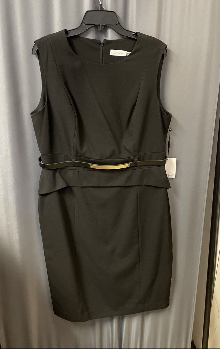 Calvin Klein Women's Black Sleeveless Belted Peplum Sheath Dress Sz 14 NWT