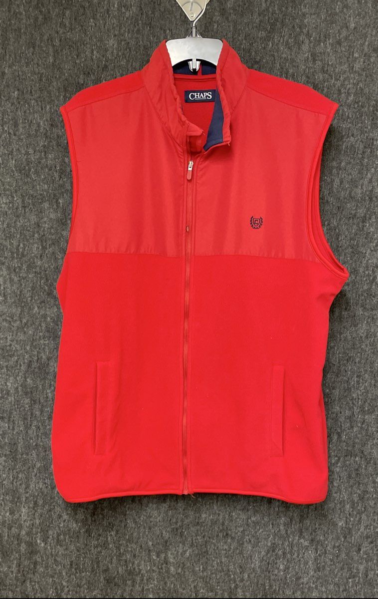Chaps Men's Red Full Zip Fleece Vest Colorblock Yoke Pockets Size L