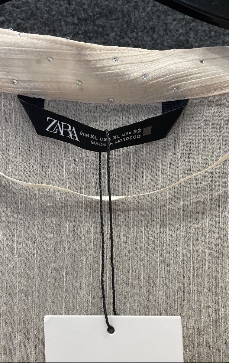 Zara Women's Tan V-Neck Sheer Rhinestone Embellished Blouse Top Sz XL NWT