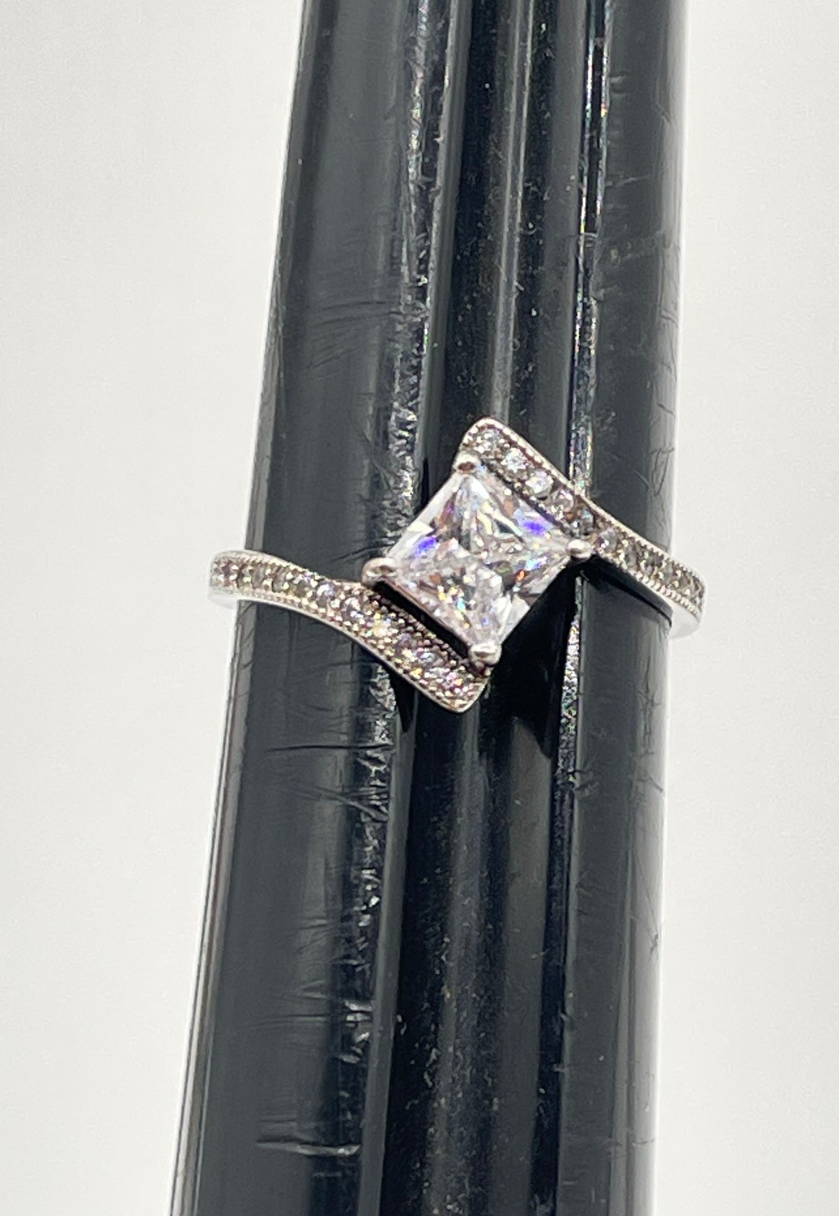 925 Sterling Silver Princess-Cut CZ Half Pavé Bypass Ring 1.9g