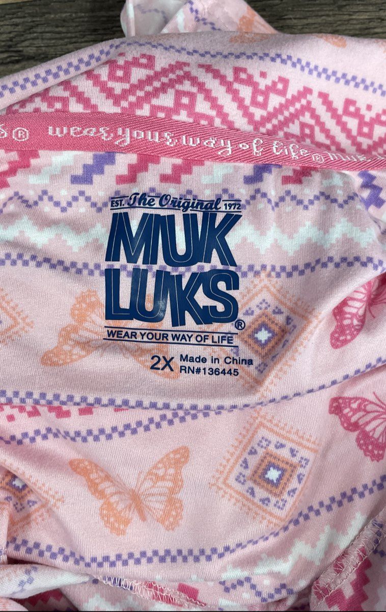 Muk Luks Women's Pajama Set Pink Butterfly Geometric Fair Isle 2 Piece Sz 2X