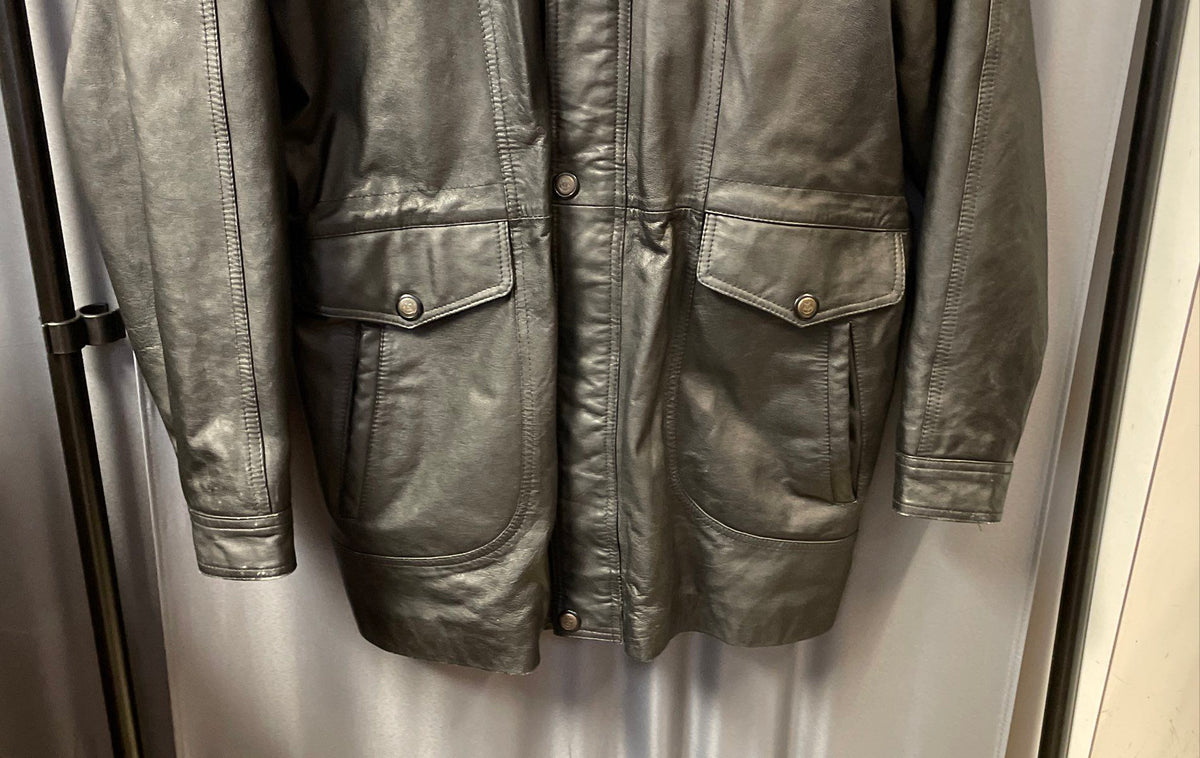 Vintage Oklahoma State Seal Black Leather Hooded Coat Women's Sz L