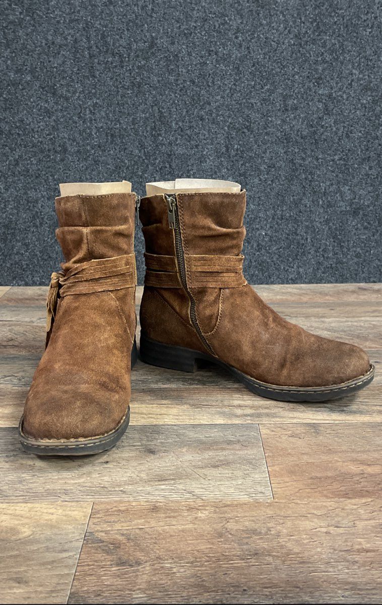 Born Kerri Brown Suede Fringe Tassel Slouchy Ankle Boots Women's Size 9