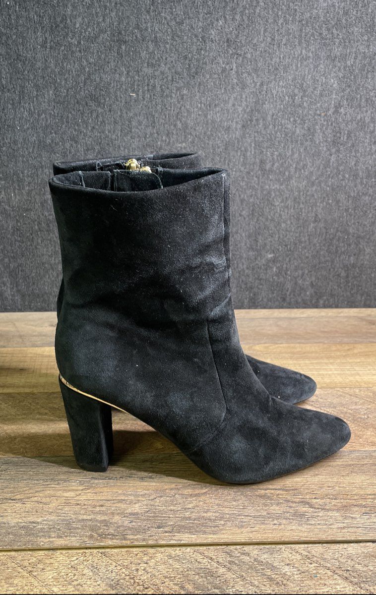 Brian Atwood Black Suede Gold Accent Ankle Booties Size 6.5