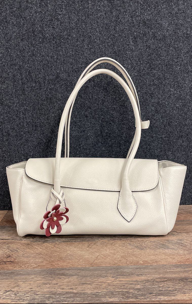 Made in Italy Cream Pebbled Leather Shoulder Bag Floral Charm Gold Hardware