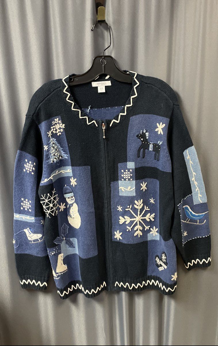 Dress Barn Woman Blue Winter Zip-Up Cardigan Snowflake Snowman Sz 14/16