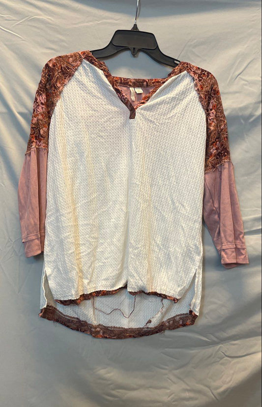 Cato Women's White Waffle Knit Mixed Media Floral Long Sleeve Boho Top Sz M