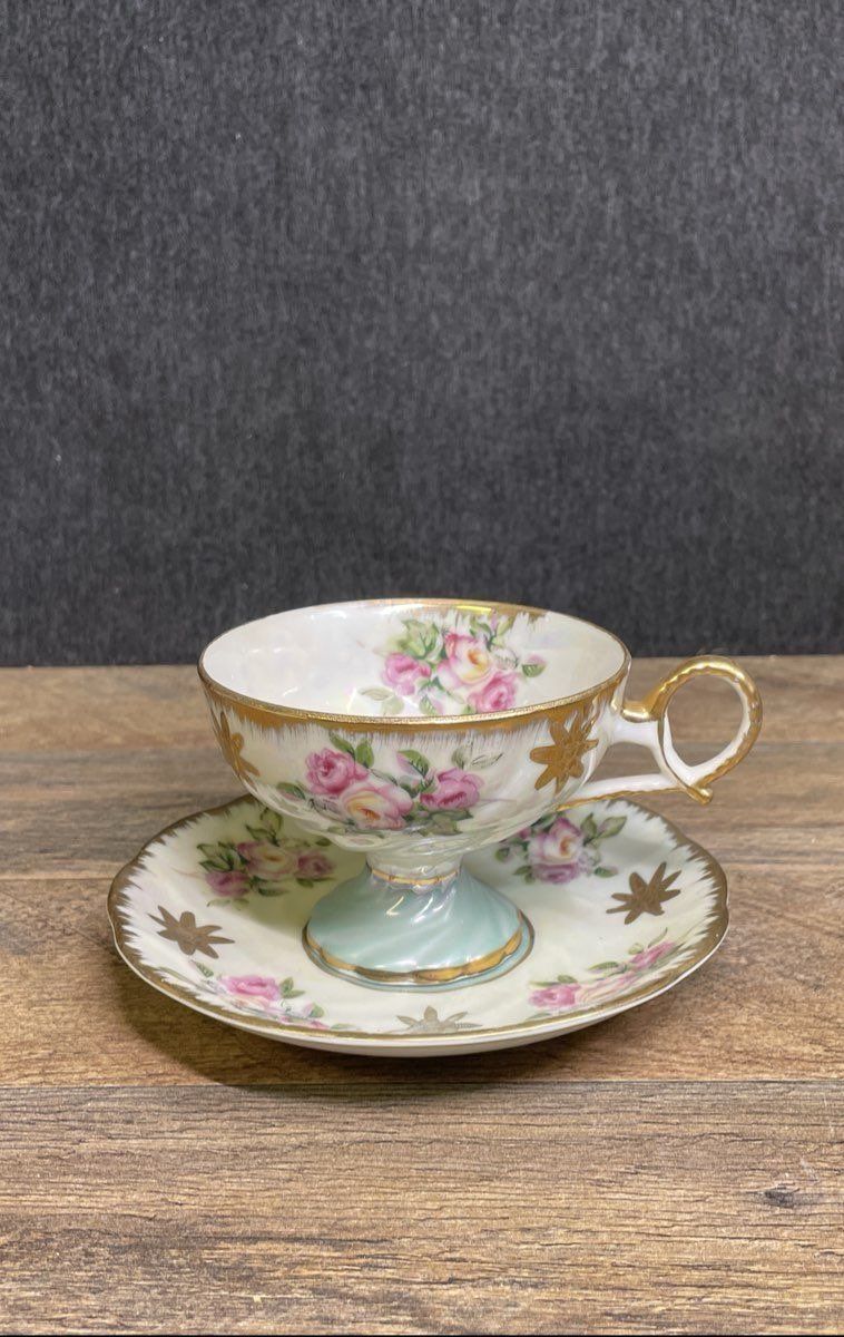 Vintage Royal Halsey Pink Rose Lusterware Pedestal Teacup & Saucer Set Japan