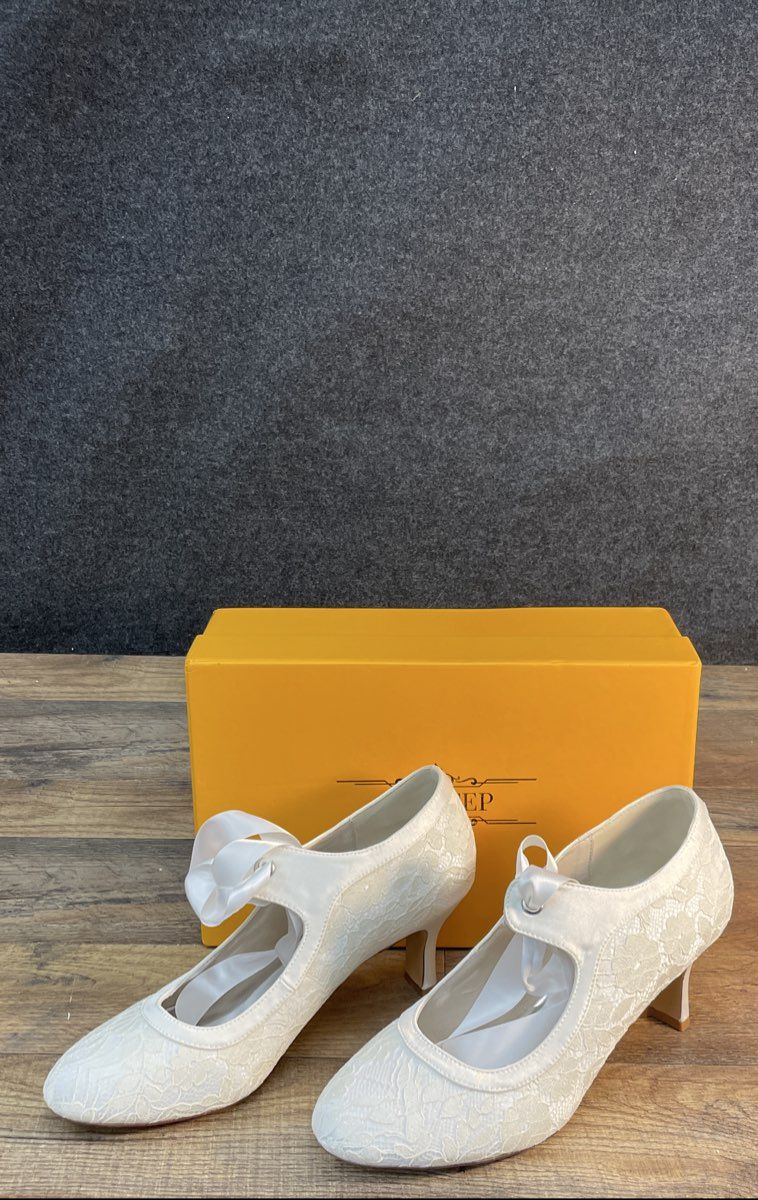 Up2step White Floral Lace Mary Jane Ribbon Bow Bridal Wedding Pumps Size 37 DS