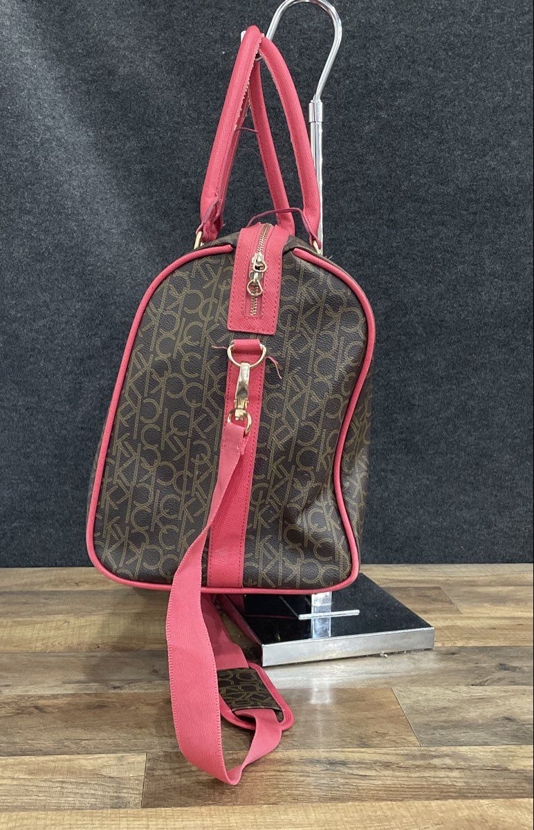 Calvin Klein Brown Pink Monogram Leather Travel Duffle Bag Large Crossbody