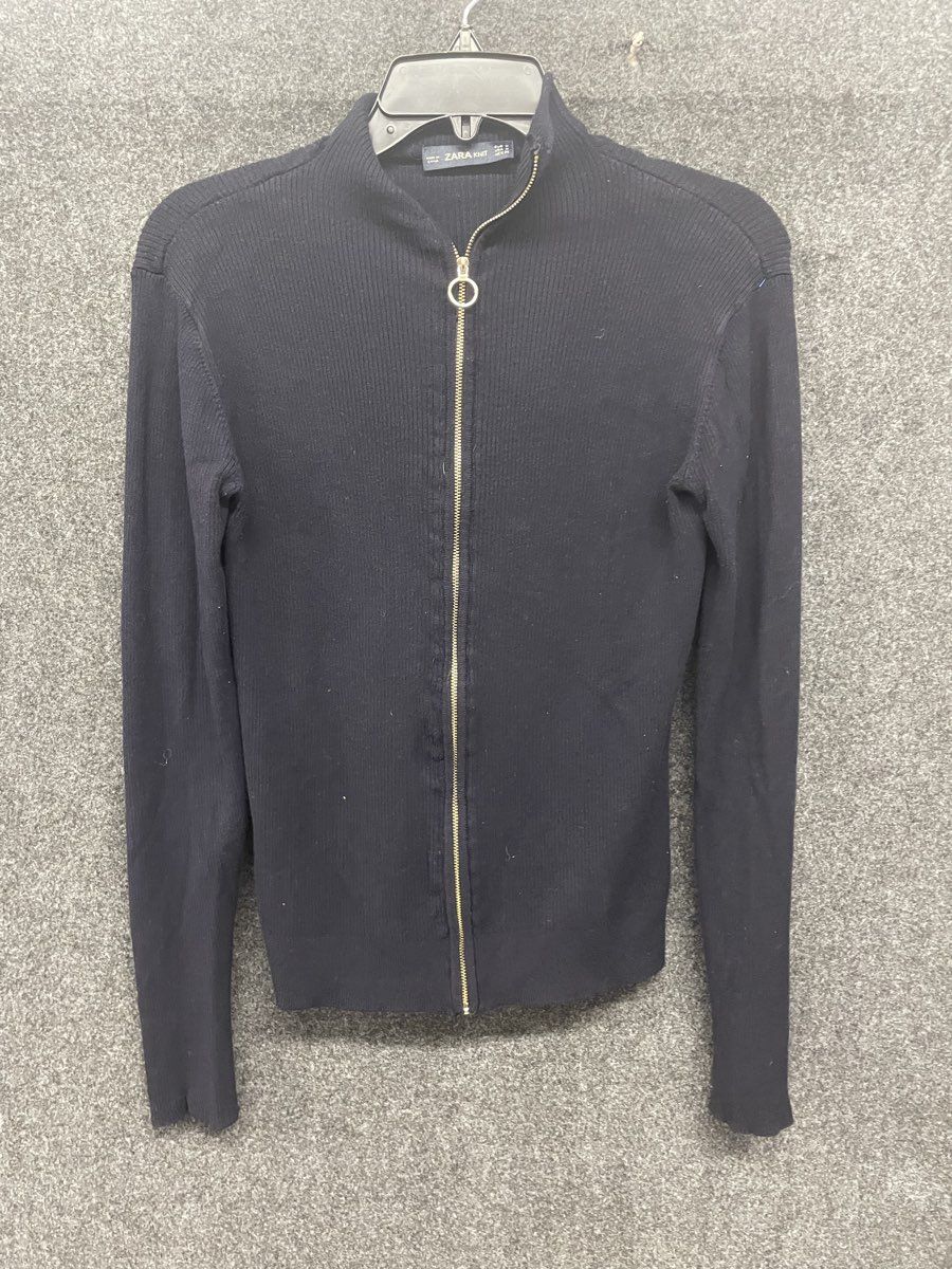 Zara Knit Women's Navy Blue Ribbed Full Zip Mock Neck Sweater Sz M