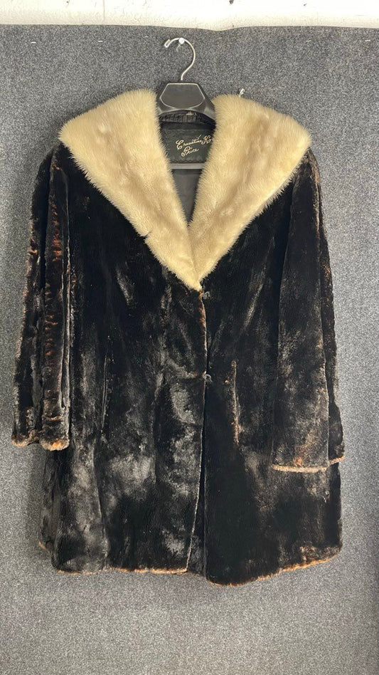 Vintage Ernestine R. Price Women's Brown Genuine Fur Coat Cream Shawl Collar