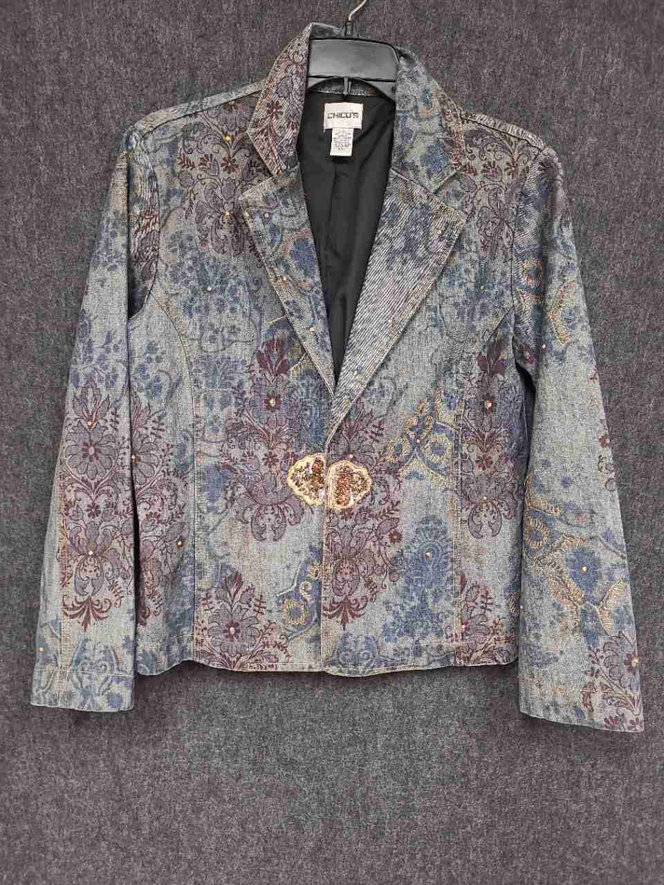 Chico's Women's Blue Paisley Tapestry Jacket Beaded Clasp Metallic Sz 1
